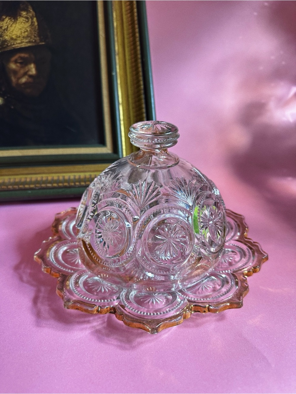 Clear Pressed Glass Dome Butter Dish with Scalloped Gold Trimmed Base